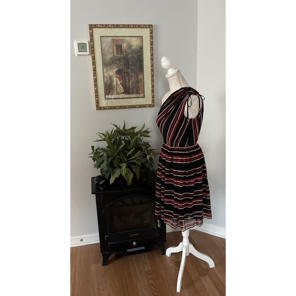 Miss Sixty One Shoulder Elastic Waist Striped Print A-Line Skirt DRESS Size 2 - Picture 2 of 7